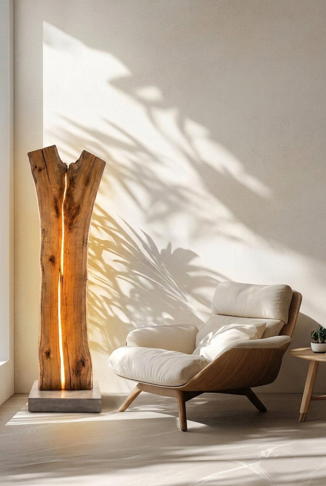 chama, luminária de madeira fendida com luz interna